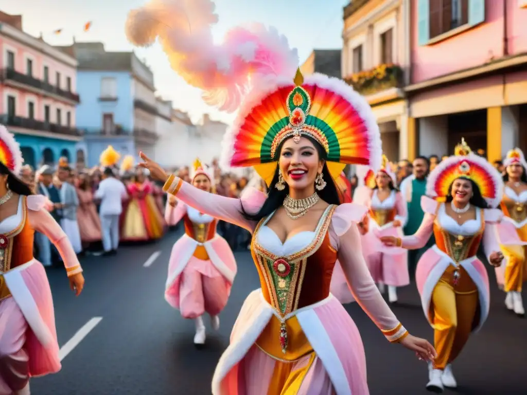 Desfile de Carnaval en Uruguay: alegría y color en las calles Un vibrante Carnaval en Uruguay: desfile colorido, música alegre y arquitectura tradicional, reflejo de la Comunidad global #CarnavalUruguayo