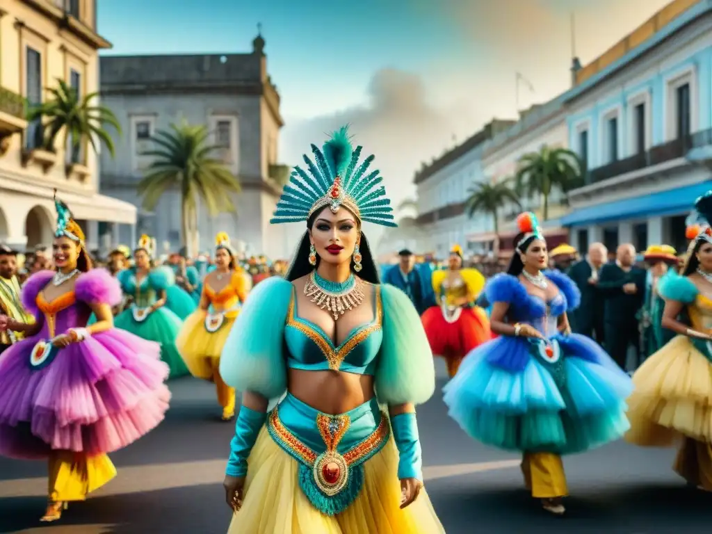 Vibrante Carnaval en Uruguay: desfile colorido con bailarines, carrozas y multitud animada