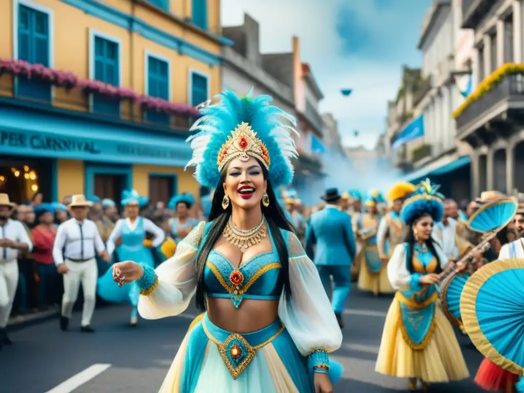 Vibrante Carnaval en Uruguay: desfile colorido con bailarines y músicos