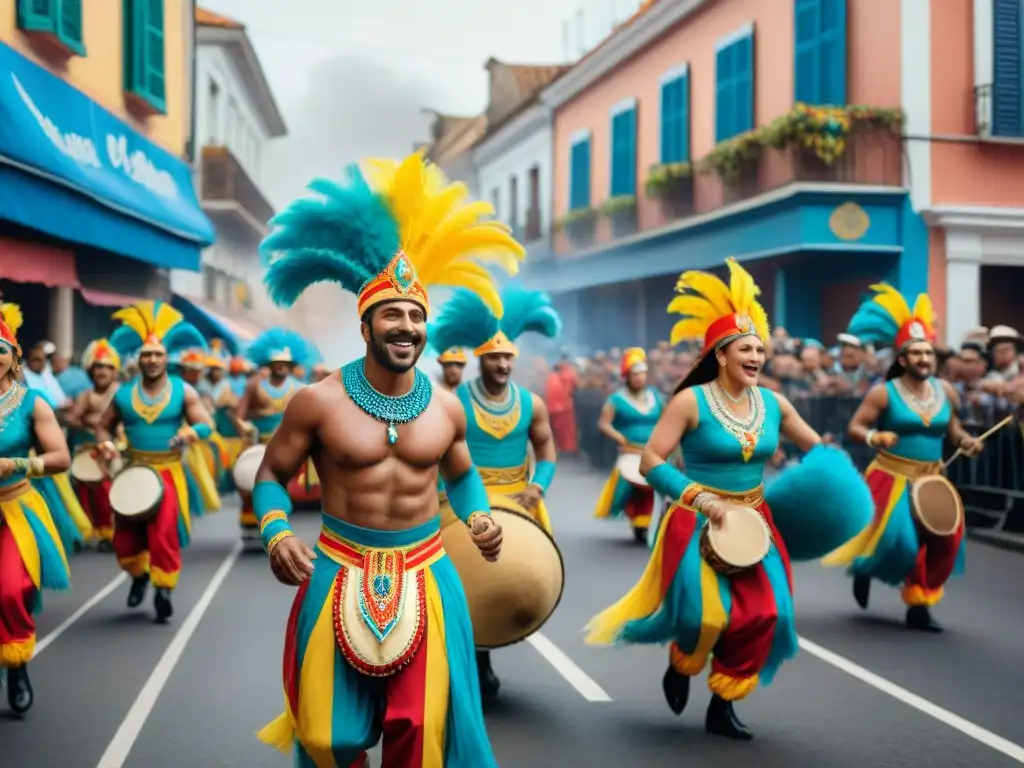 Vibrante Carnaval en Uruguay: Desfile colorido con música, baile y símbolos tradicionales