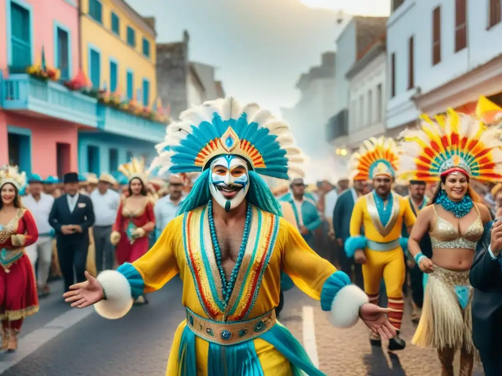 Vibrante Carnaval en Uruguay: desfile colorido, danzas alegres y espectadores animados en las calles