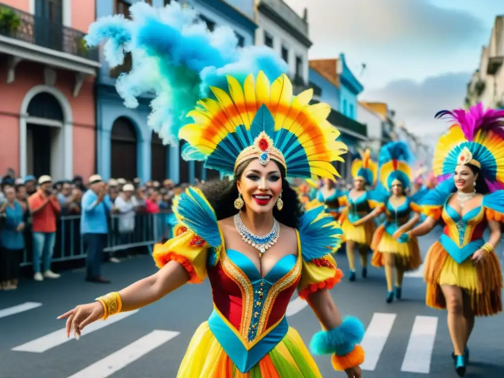 Vibrante Carnaval en Uruguay: desfile colorido con danzas y carrozas, celebración comunitaria