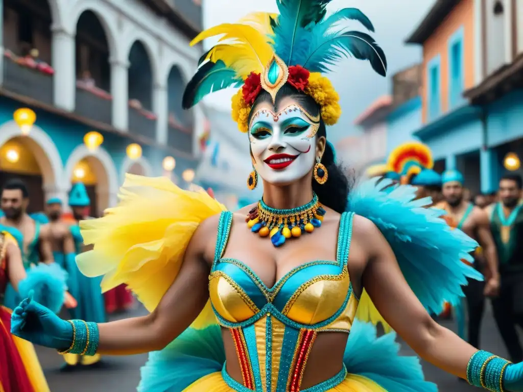 Vibrante Carnaval en Uruguay: desfile colorido con danzas y espectadores alegres