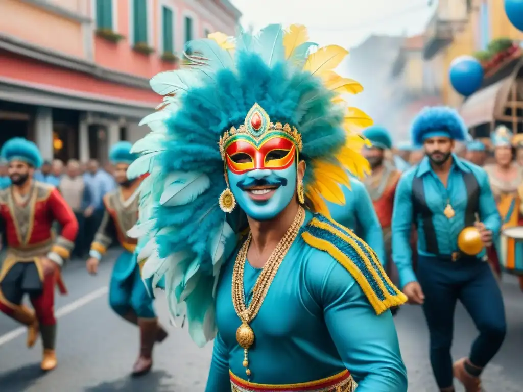 Vibrante Carnaval en Uruguay: desfile colorido con disfraces, máscaras e música