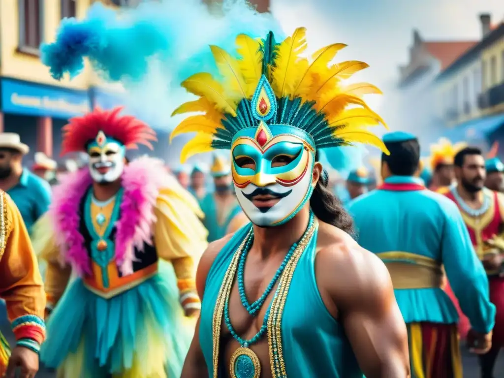 Un vibrante Carnaval en Uruguay: desfile colorido con trajes y máscaras tradicionales en la calle Amorín Batlle