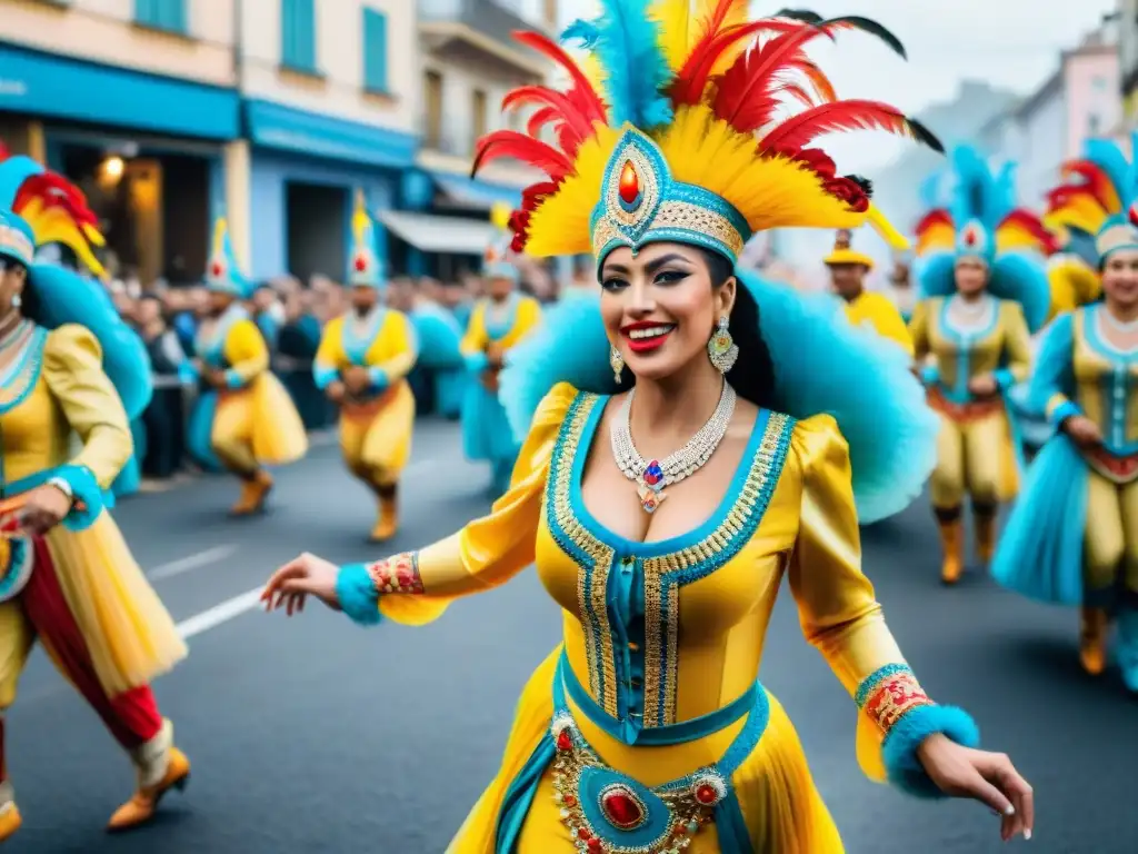 Vibrante Carnaval en Uruguay: desfile colorido con trajes elaborados, carrozas y bailarines al ritmo de la música tradicional