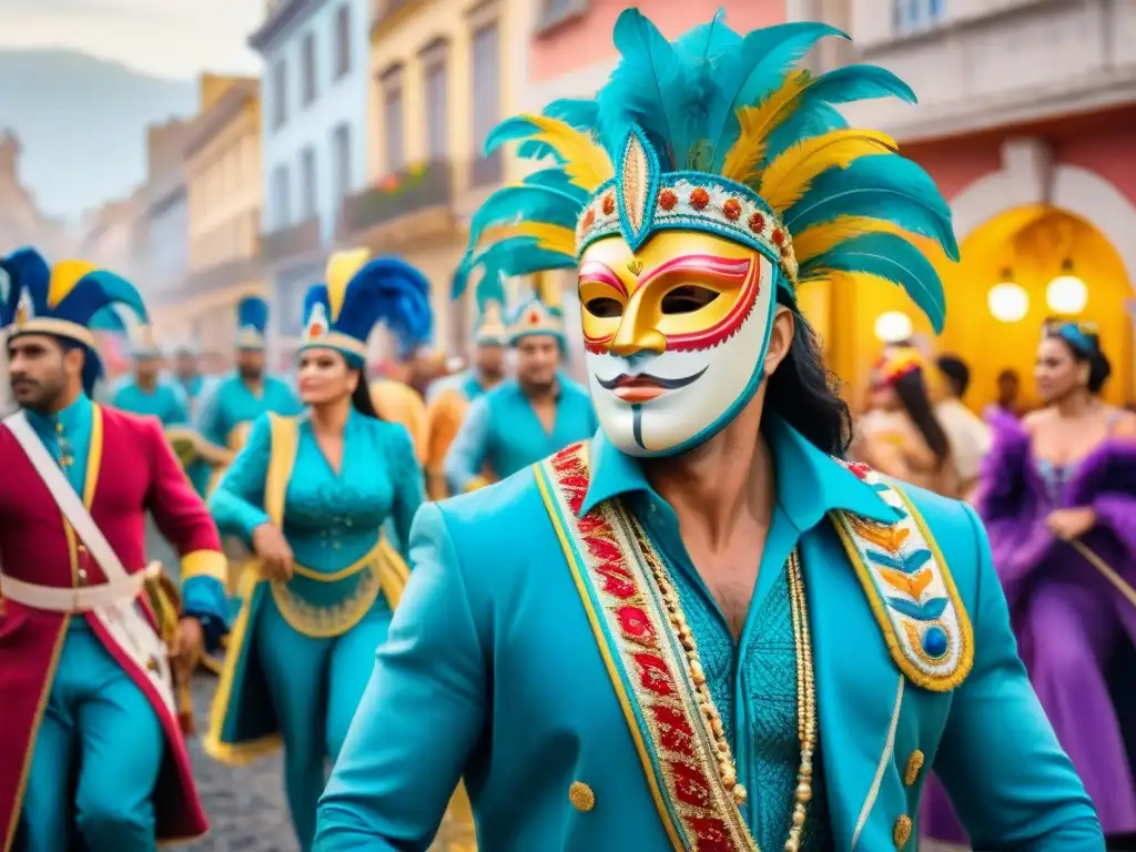 Vibrante Carnaval en Uruguay: desfile colorido con trajes, máscaras y bailarines animados frente a edificios coloniales festivos