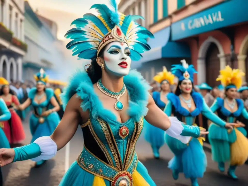 Vibrante Carnaval en Uruguay: desfile colorido con trajes elaborados, carrozas y arquitectura tradicional