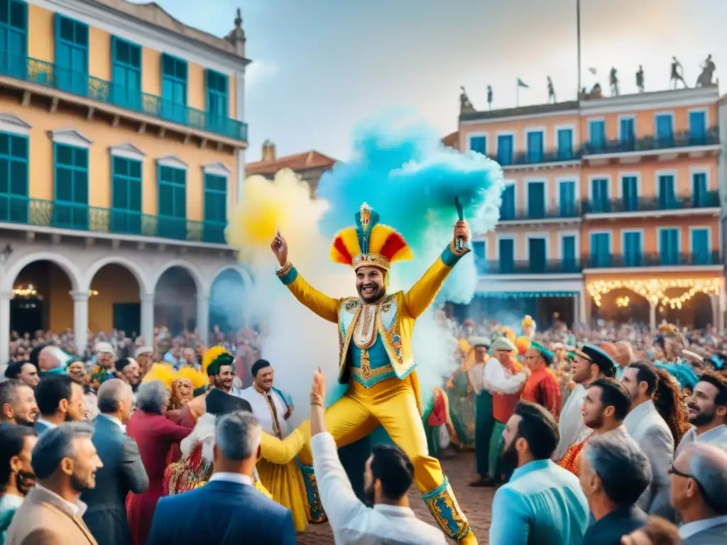 Vibrante Carnaval en Uruguay: coloridos artistas, música alegre y edificios históricos decorados