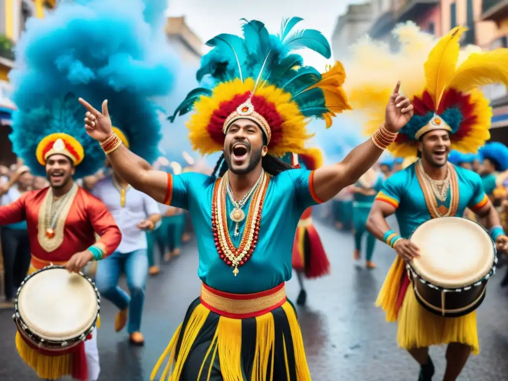 Un vibrante Carnaval en Uruguay: coloridos bailarines de candombe, tambores y espectadores alegres en una escena callejera animada