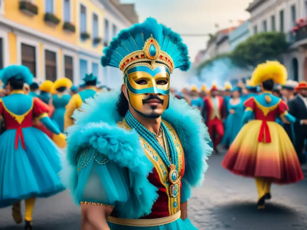 Vibrante Carnaval en Uruguay: coloridos bailarines y músicos con detalles en sus trajes y máscaras, arquitectura tradicional de fondo