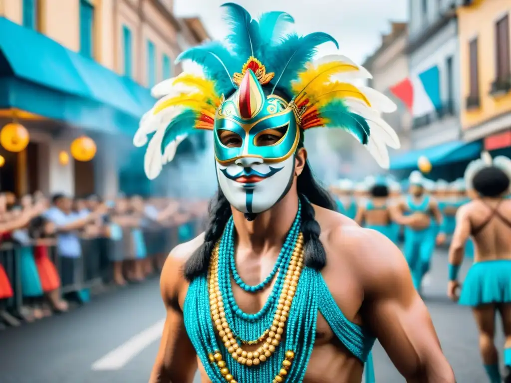 Vibrante Carnaval en Uruguay: coloridos trajes, máscaras eufóricas y bailarines, éxito Carnaval Uruguayo TikTok tácticas