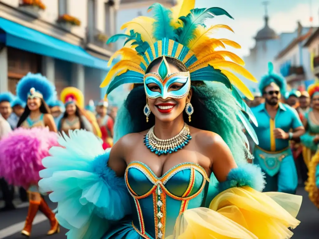 Vibrante ilustración acuarela del Carnaval en Uruguay, con coloridos trajes y bailarines al ritmo de la música