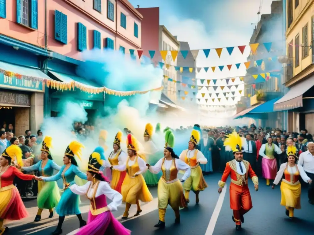 Vibrante Carnaval en Montevideo, Uruguay, con coloridos trajes, música animada y desfiles festivos