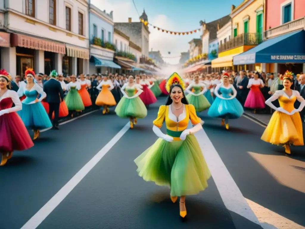 Un vibrante Carnaval en Uruguay con coloridos trajes, música alegre y espectadores disfrutando