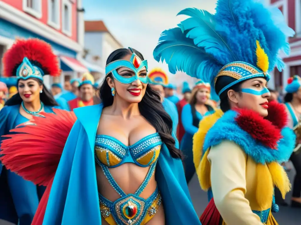 Vibrante Carnaval en Uruguay: coloridos trajes, bailarines y espectadores en las calles