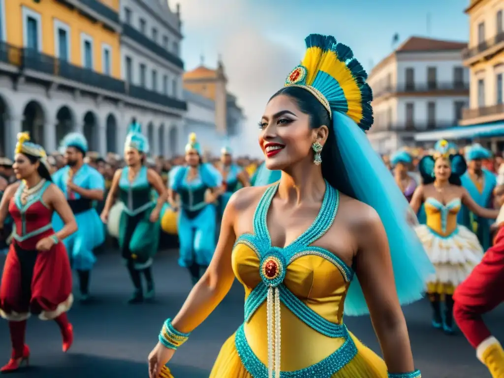 Vibrante Carnaval en Uruguay: coloridos trajes, música y baile en desfile comunitario