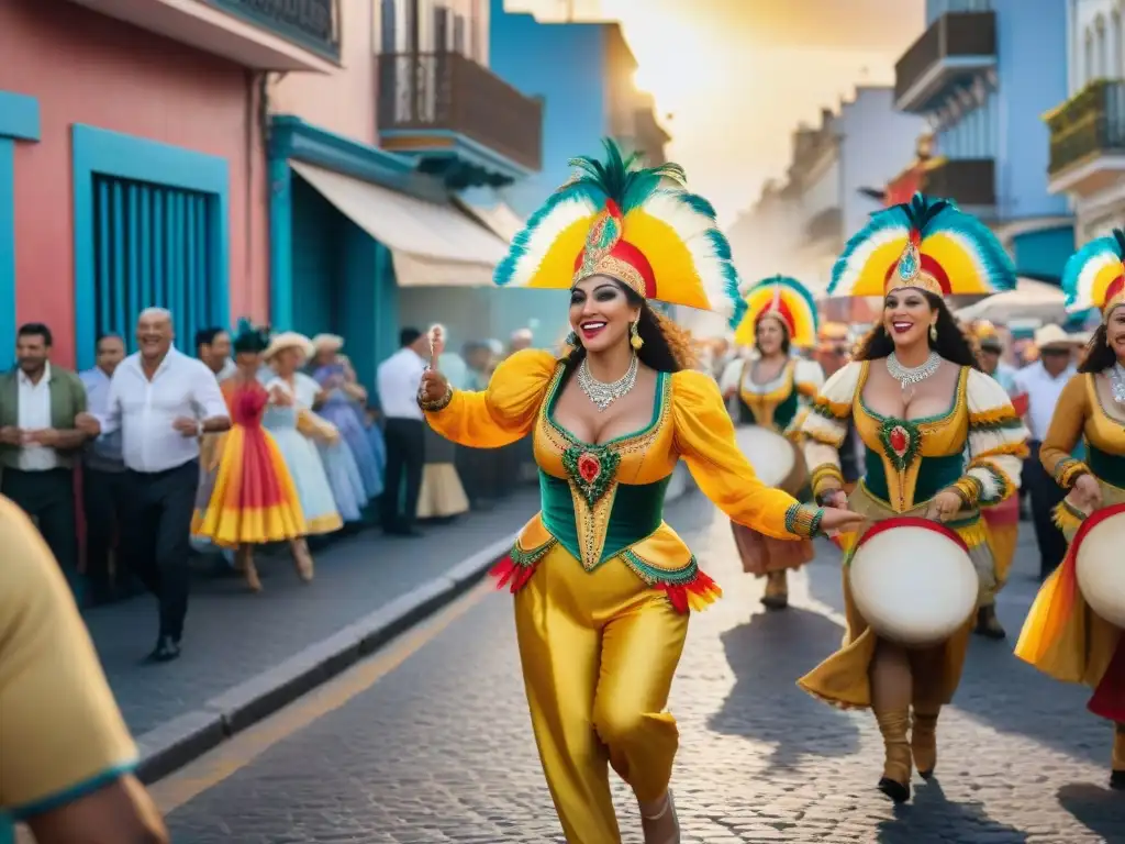 Vibrante carnaval en Montevideo con coloridos trajes y energía, reflejando la esencia de los hostels Carnaval Uruguay económicos