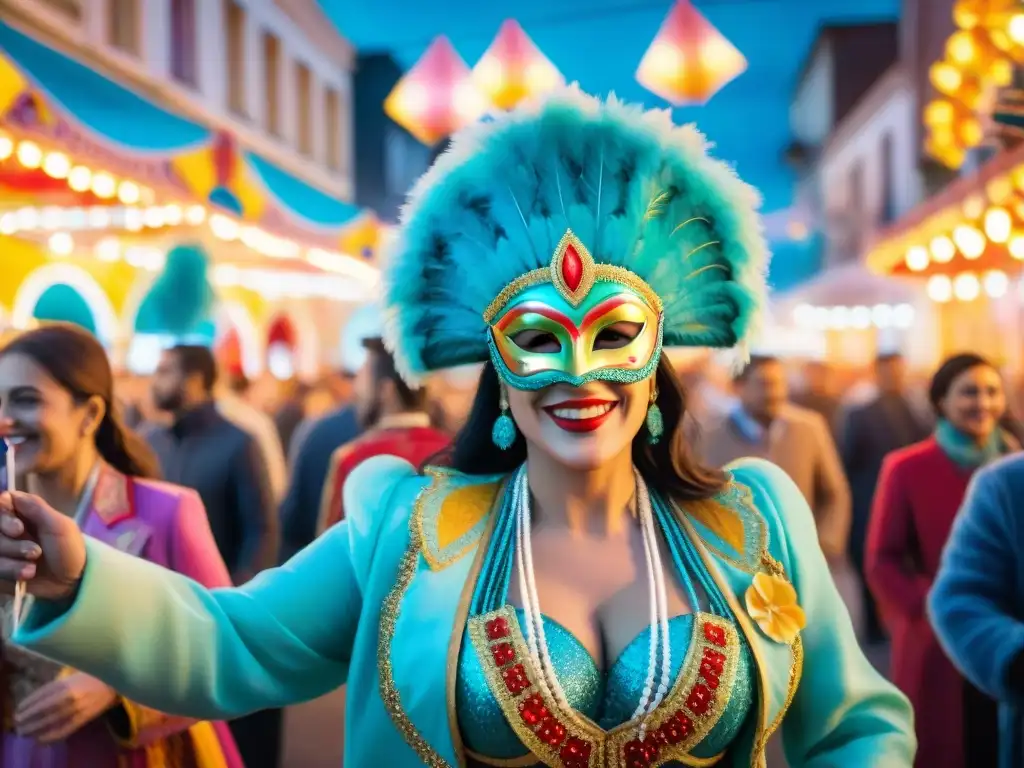 Vibrante Carnaval en Uruguay: coloridos vestuarios y máscaras, gente bailando bajo el cielo estrellado