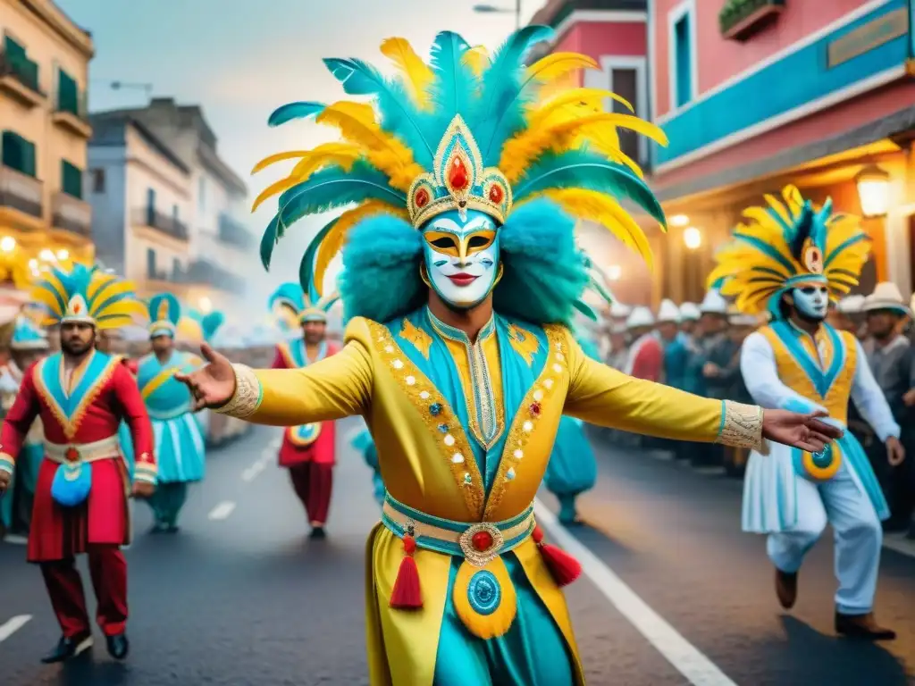 Vibrante Carnaval en Uruguay con comparsas coloridas y máscaras, resaltando el impacto tecnológico en comparsas uruguayas