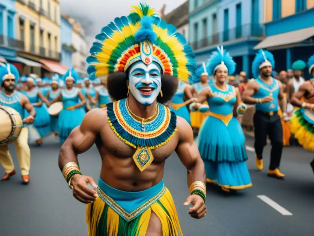 Vibrante Carnaval en Uruguay fusionando culturas brasileñas y uruguayas con música, baile y coloridos trajes