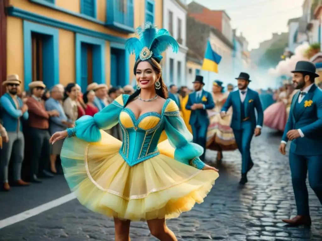 Vibrante ilustración acuarela del Carnaval en Uruguay con danzantes y espectadores entusiastas