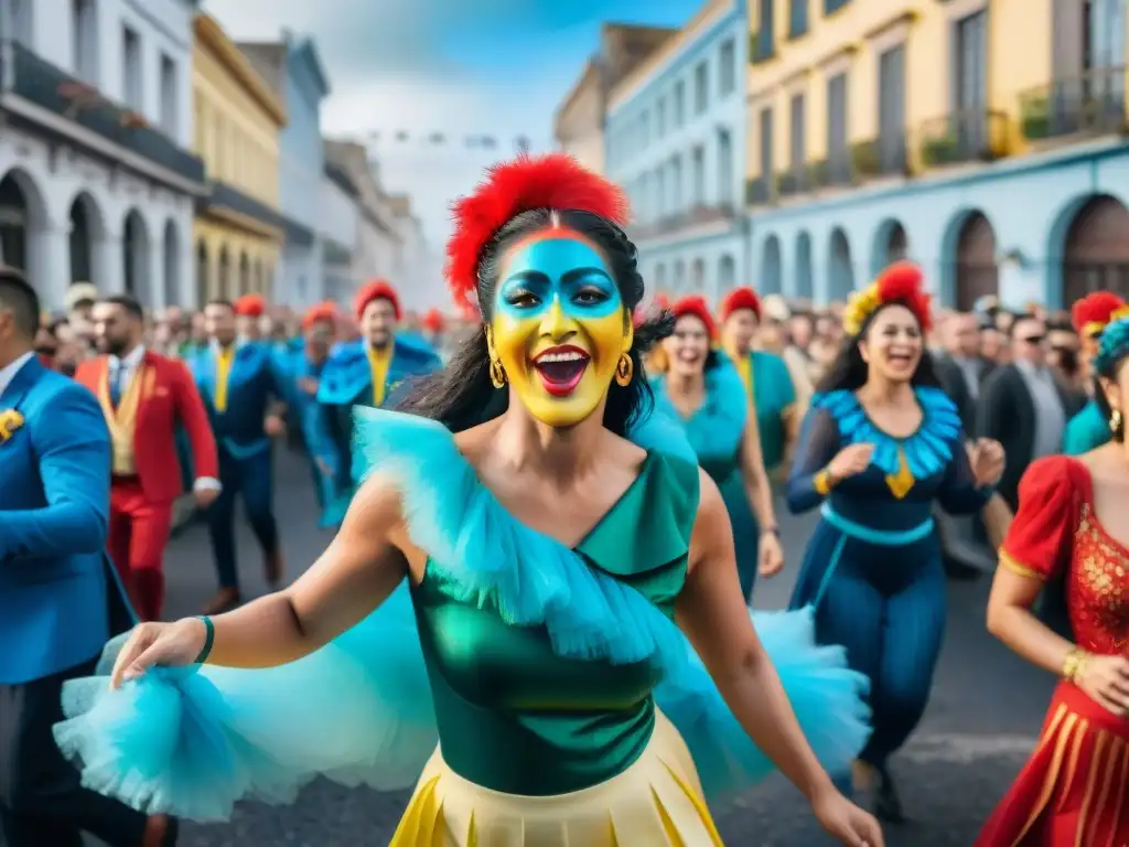 Vibrante ilustración acuarela del Carnaval en Uruguay, con danzas y colores alegres