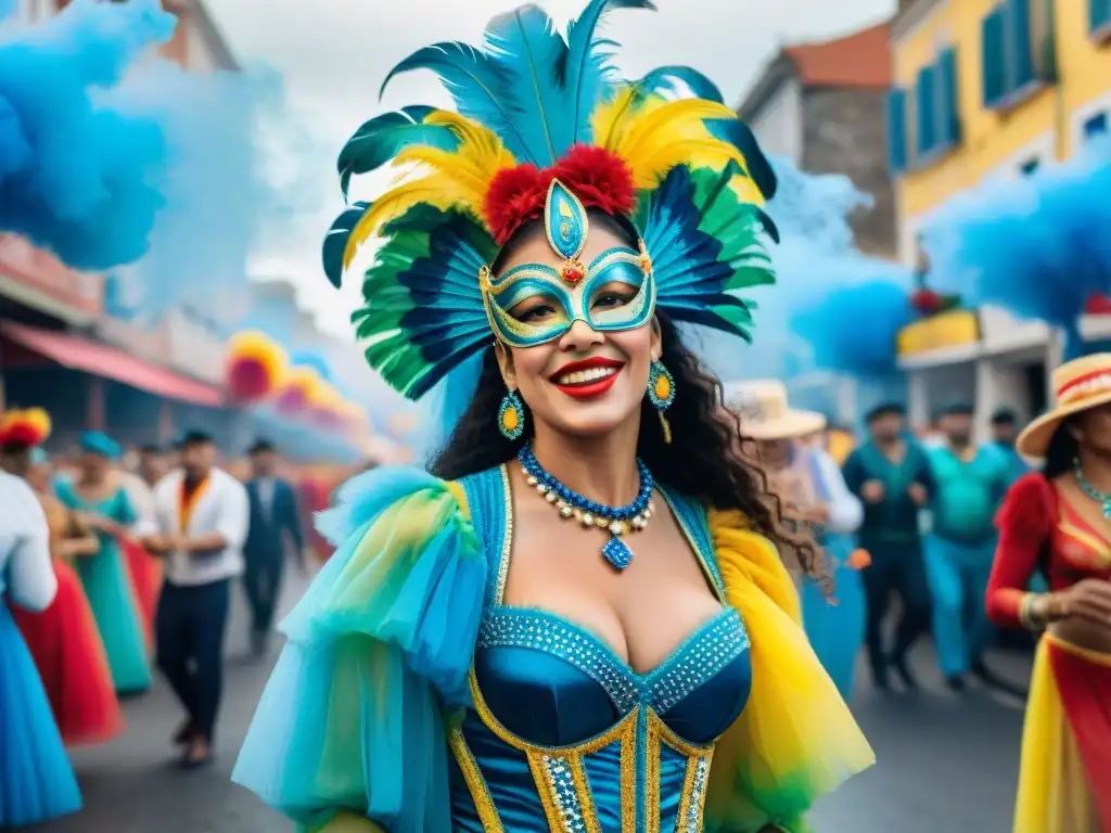 Una ilustración vibrante del Carnaval en Uruguay, con danzas, desfiles y colores festivos