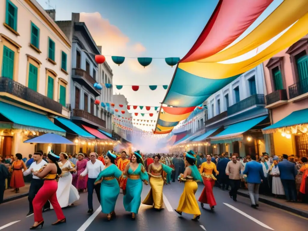 Vibrante Carnaval en Montevideo con danzas y música candombe, reflejando el impacto social del Carnaval Uruguayo