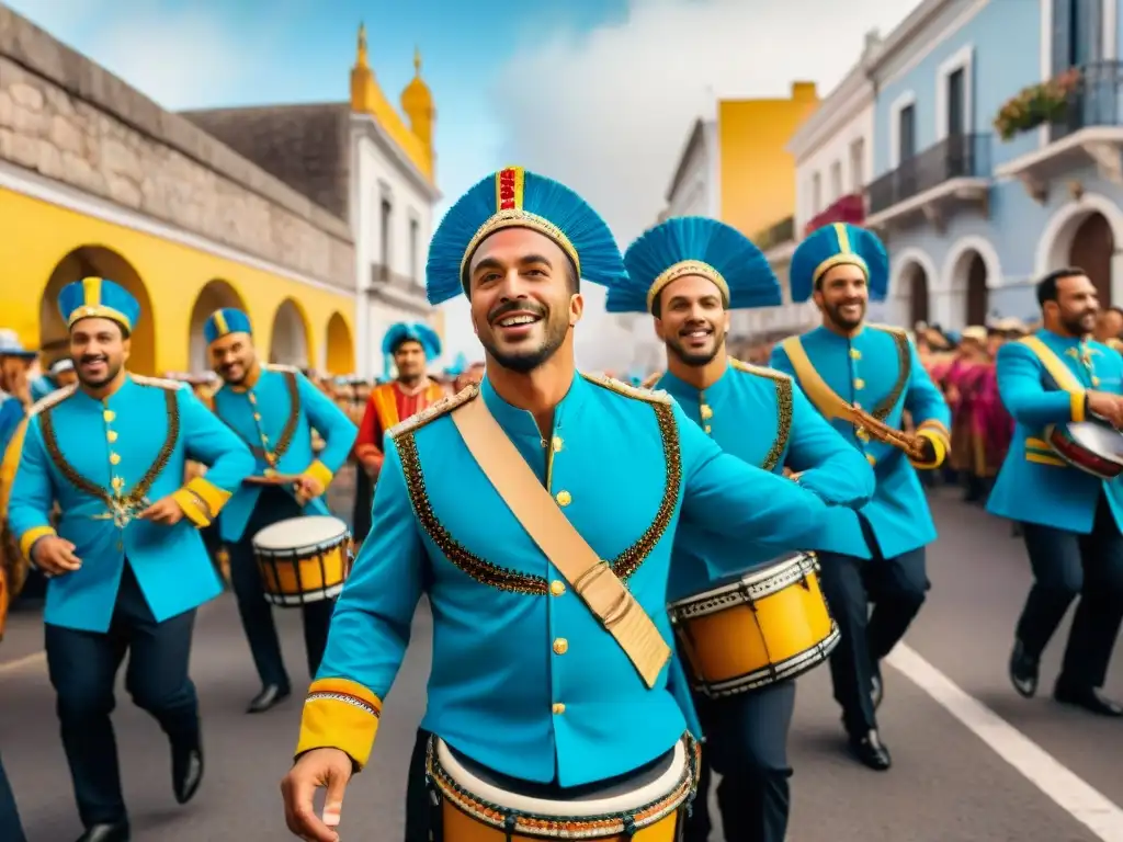 Una vibrante procesión de Carnaval en Uruguay con danzas tradicionales y músicos, celebrando la cultura uruguaya