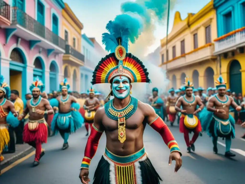 Una vibrante procesión de Carnaval en Uruguay con danzas tradicionales uruguayas y coloridos trajes