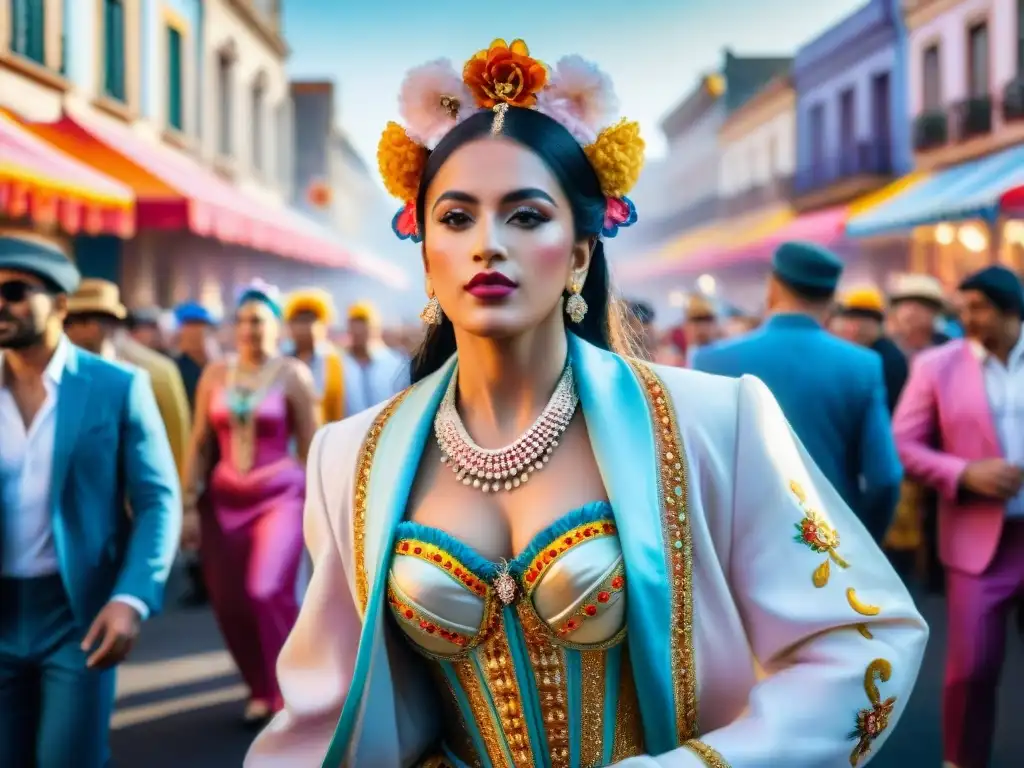 Vibrante carnaval en Uruguay: desfile de bailarines y carrozas coloridas bajo un cielo cálido