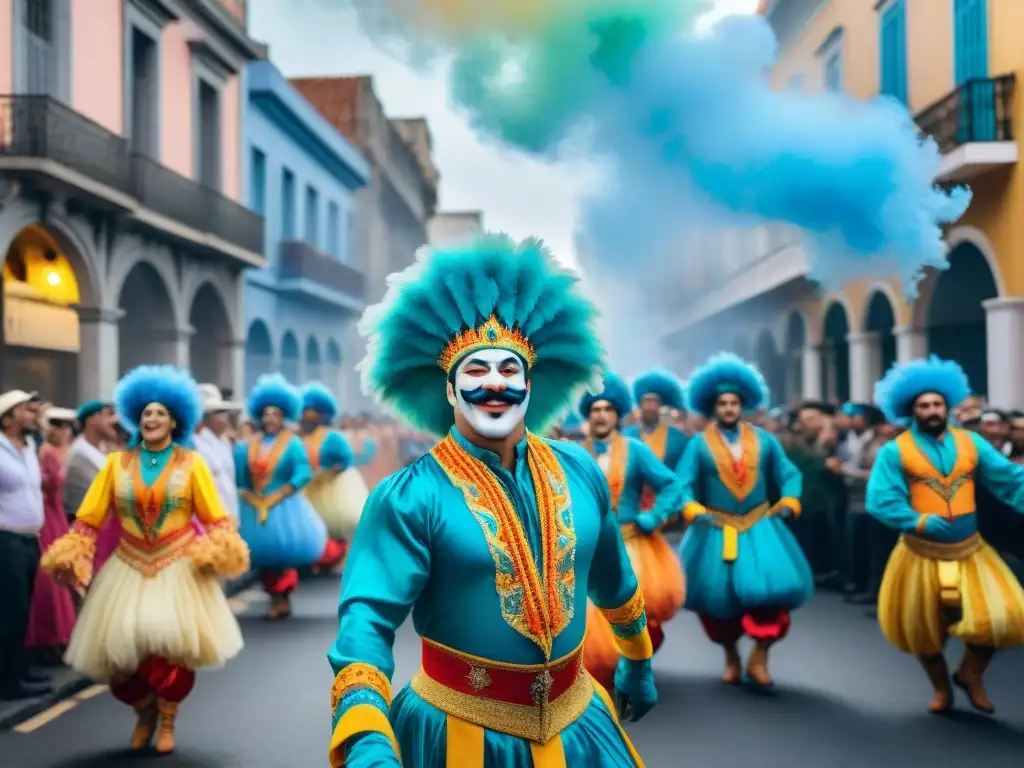 Una ilustración acuarela del vibrante Carnaval en Uruguay, con desfile de colores y energía