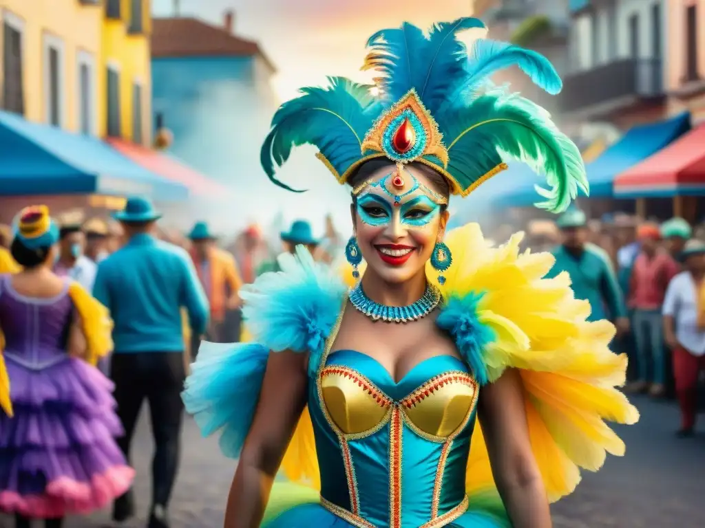 Celebración vibrante del Carnaval en Uruguay 2021: desfile colorido, danzas energéticas y música tradicional en una calle bulliciosa