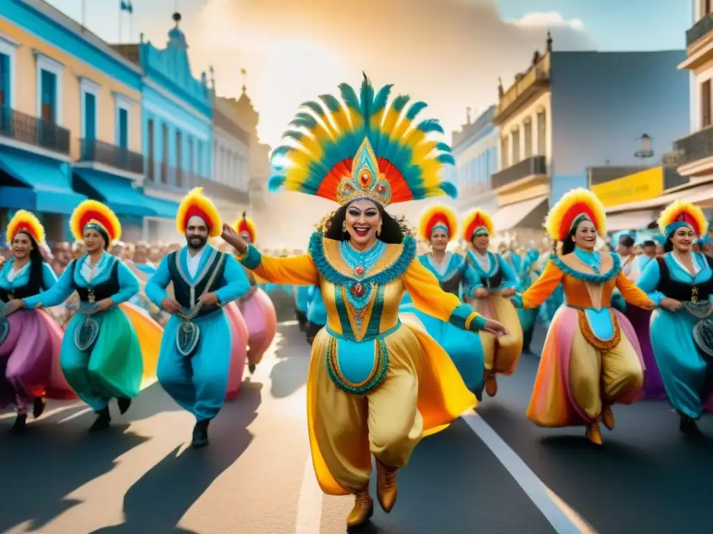 Una vibrante ilustración acuarela del Carnaval de Montevideo, con desfile colorido y festivo