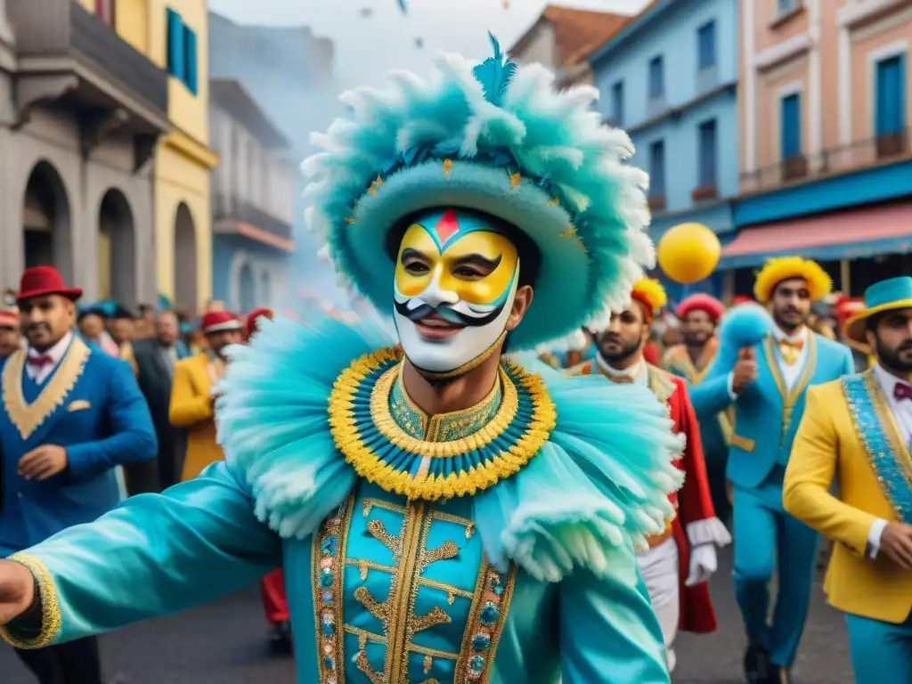 Vibrante Carnaval en Uruguay: desfile de floats coloridos, bailarines con trajes elaborados y espectadores alegres