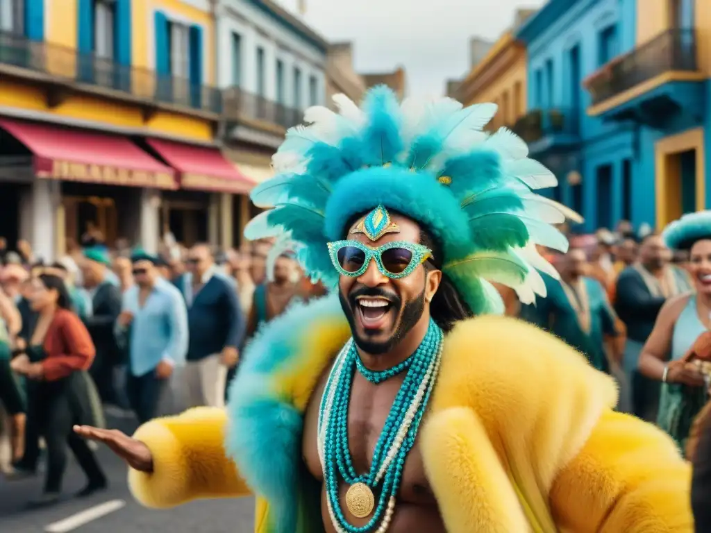 Una vibrante ilustración acuarela de Carnaval en Uruguay, con desfile y multitud