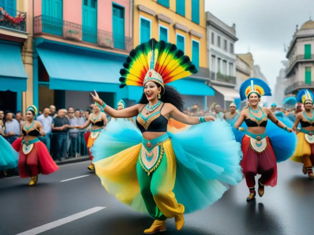 Vibrante Carnaval de Montevideo: desfile de trajes coloridos y danzas al ritmo de tambores, flotas decoradas y arquitectura única