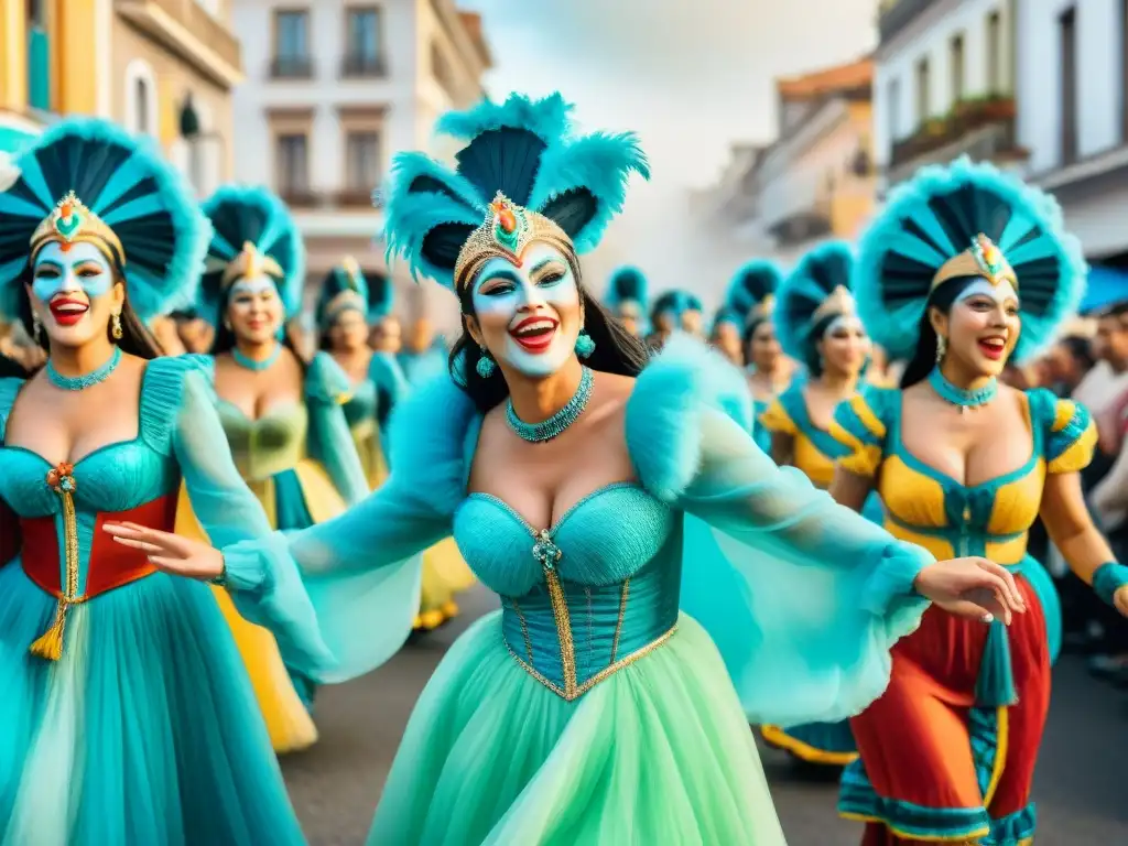 Una ilustración acuarela vibrante del Carnaval en Uruguay, con desfiles, bailarines y músicos