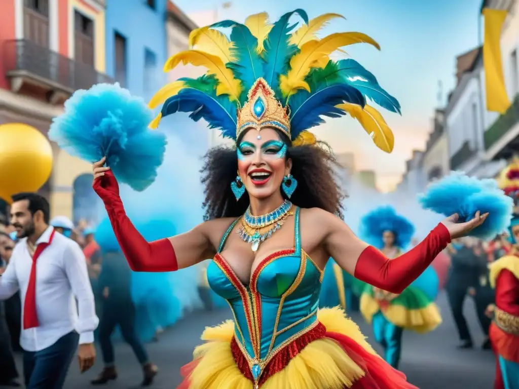 Vibrante ilustración acuarela del Carnaval en Uruguay 2023 con desfiles, bailarines y espectadores