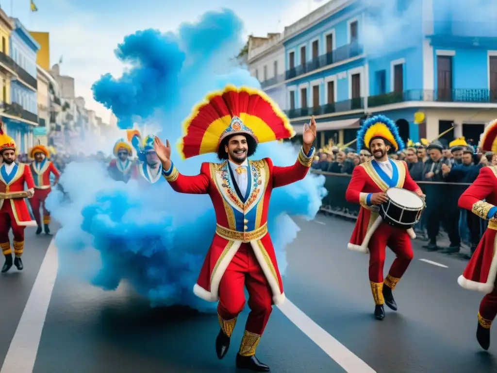 Una vibrante ilustración acuarela del Carnaval en Uruguay con desfiles coloridos y alegres