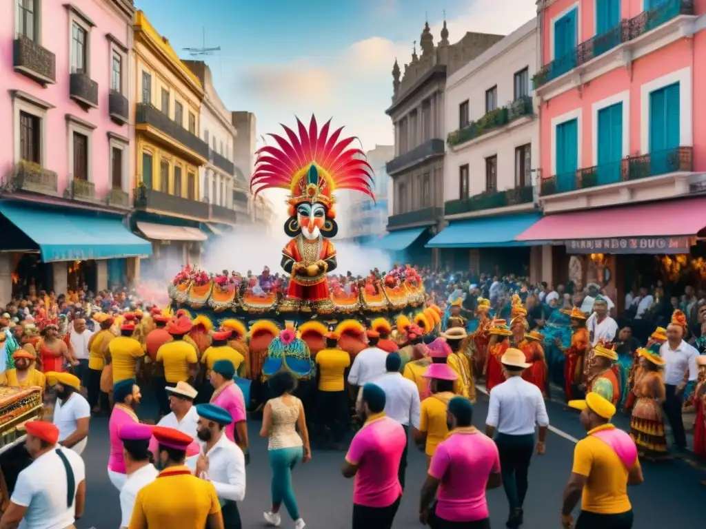 Celebración vibrante del Carnaval en Montevideo con desfiles coloridos y espectadores alegres