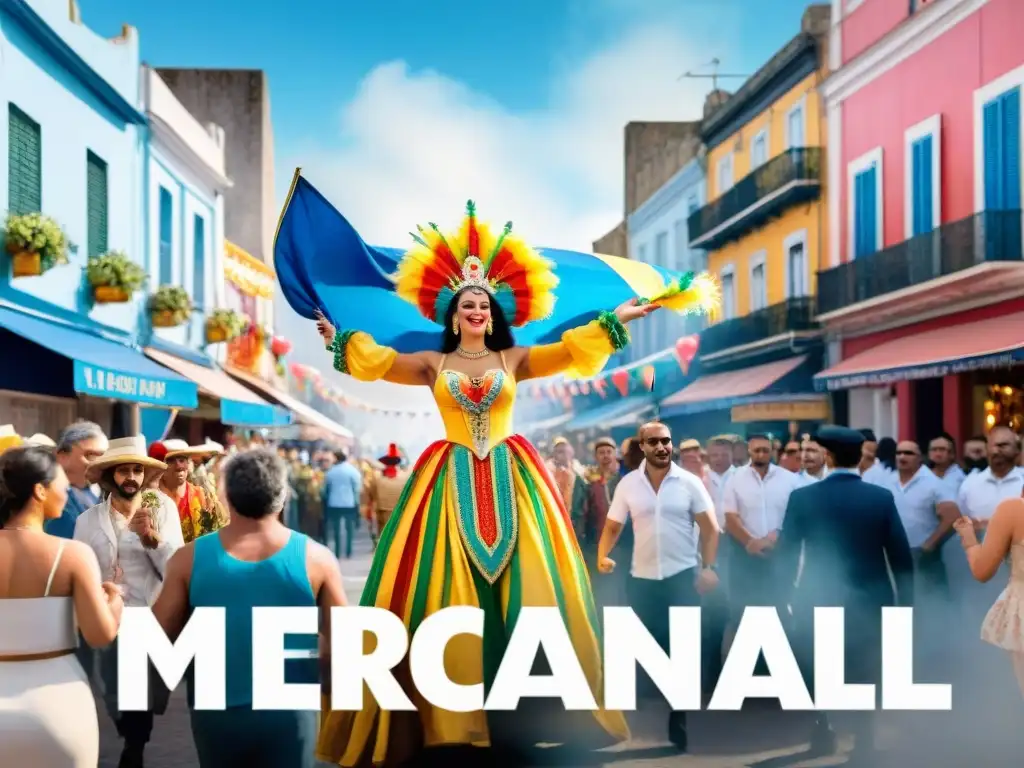 Un vibrante Carnaval en Uruguay con desfiles coloridos, gente bailando y Merchandising Oficial