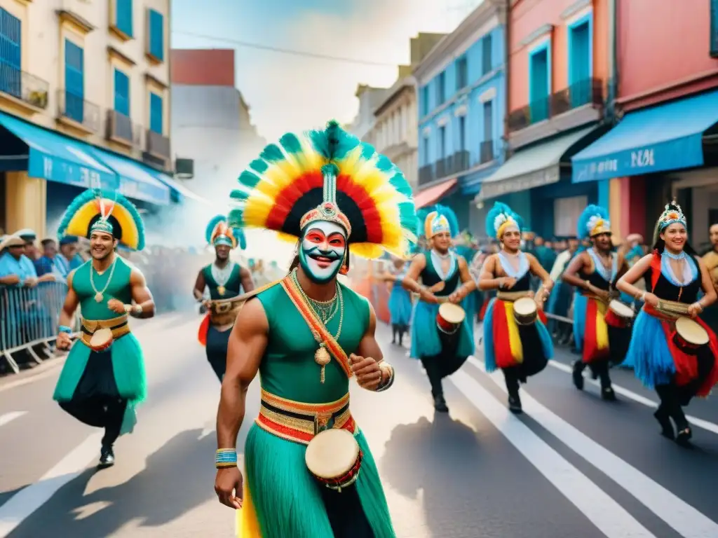 Vibrante ilustración acuarela del Carnaval en Montevideo con desfiles coloridos, danzas y decoraciones callejeras