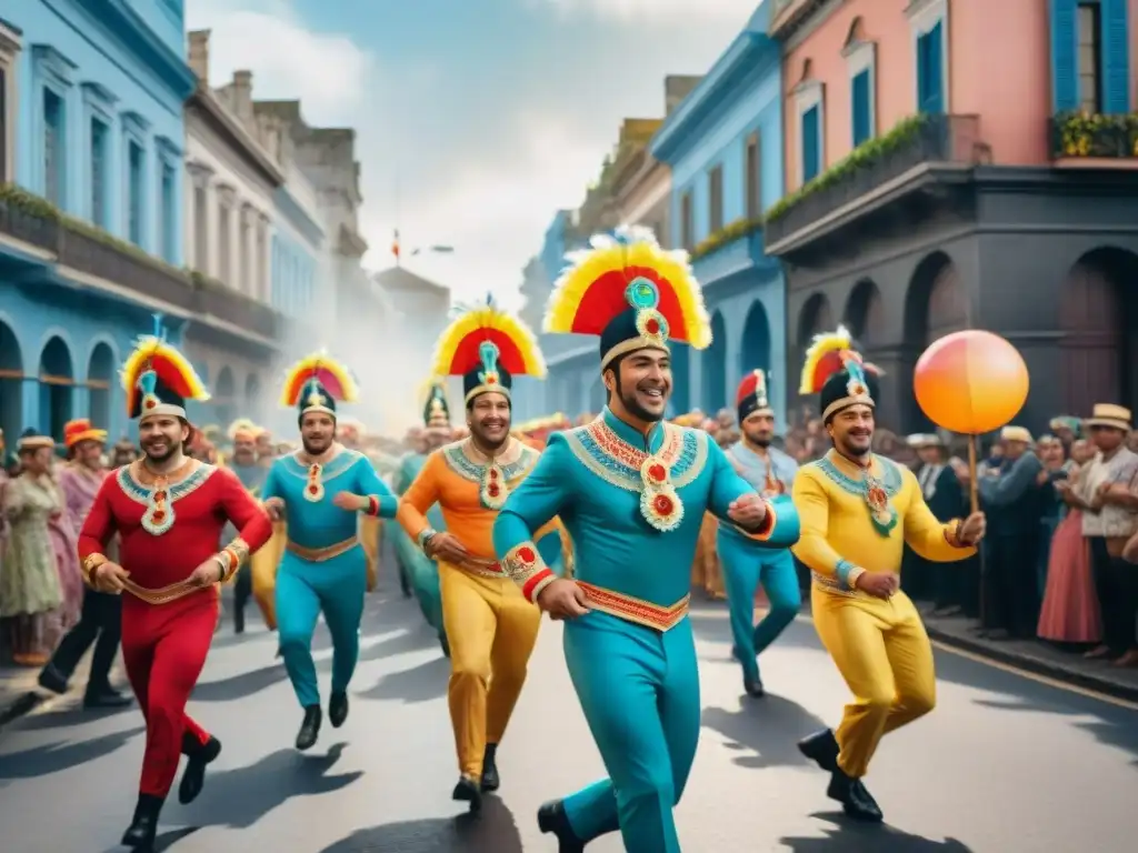 Celebración vibrante de Carnaval en Uruguay con desfiles coloridos y danzas tradicionales