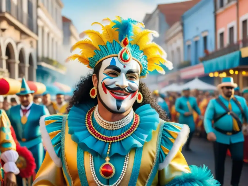 Un vibrante carnaval en Uruguay, con desfiles de coloridos trajes y espectadores alegres