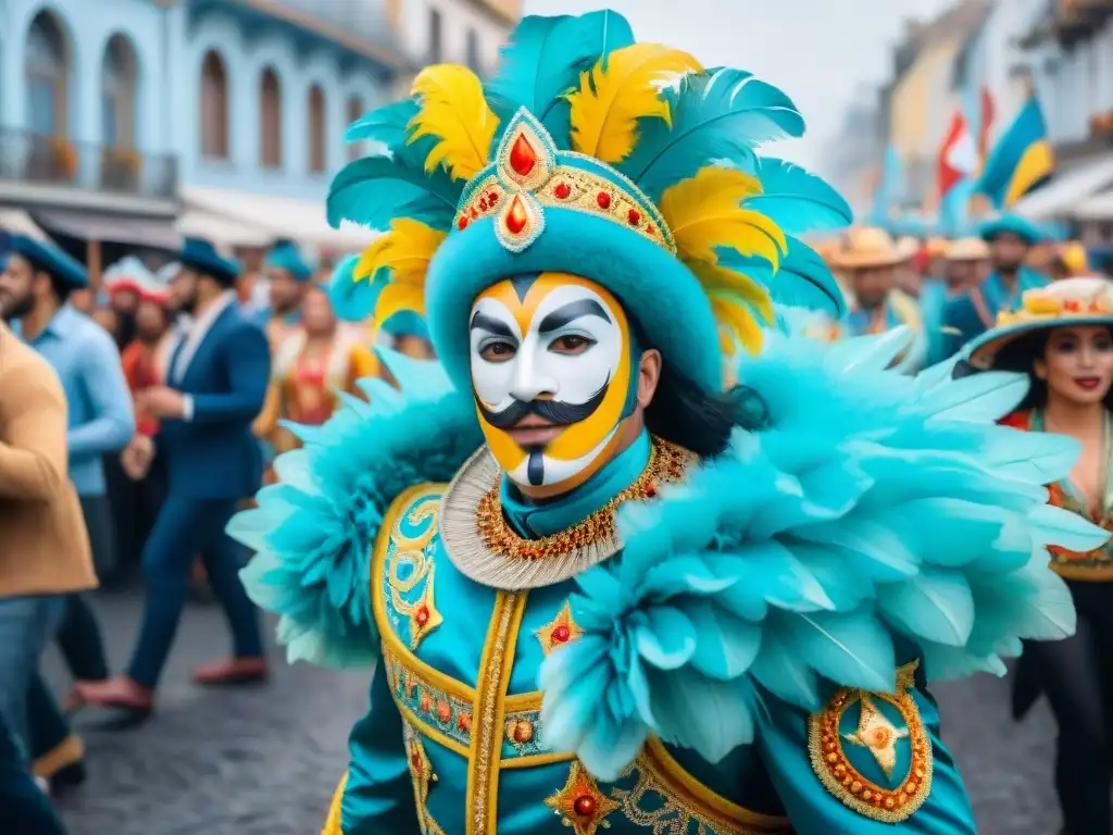 Vibrante Carnaval en Uruguay con desfiles y espectadores, capturando la energía festiva