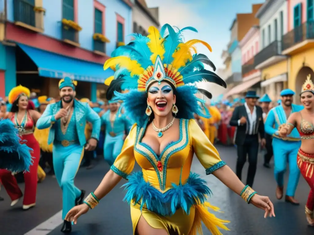 Una ilustración acuarela vibrante del Carnaval en Uruguay: bailarines, música y desfiles