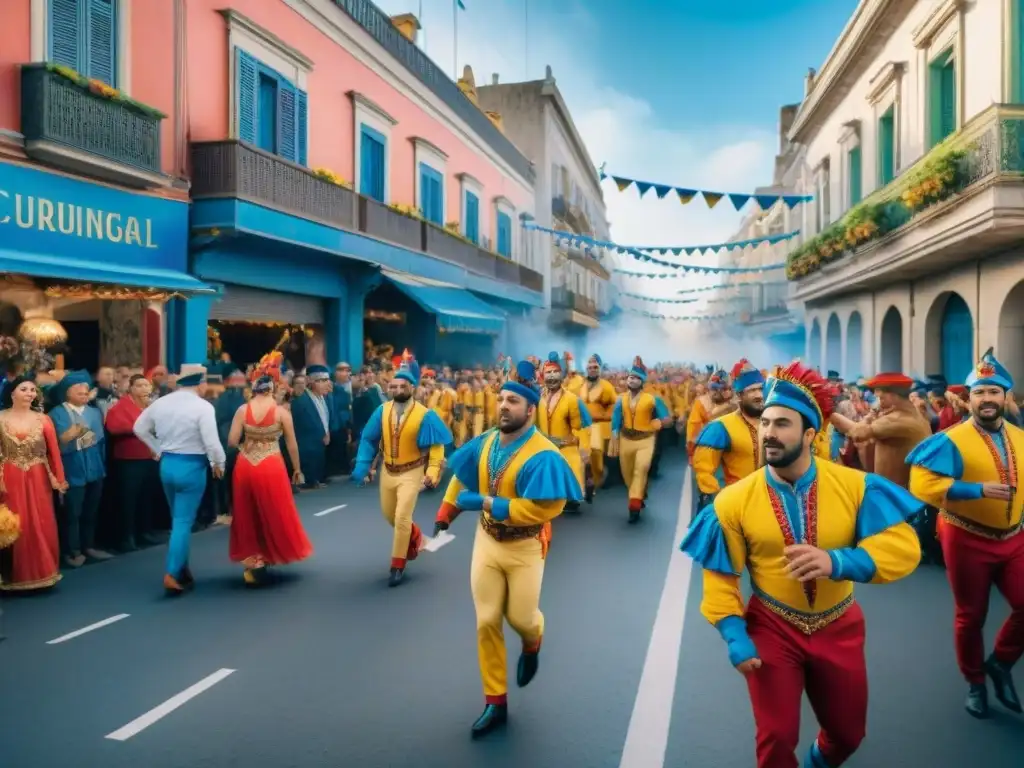 Un vibrante Carnaval en Montevideo, con deslumbrantes carrozas y danzas, ideal para promocionar Carnaval Uruguayo