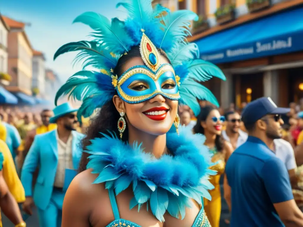 Vibrante Carnaval en Brasil con deslumbrantes carrozas, trajes coloridos y bailarines de samba bajo cielo azul - Receta tradicional pastel de carne